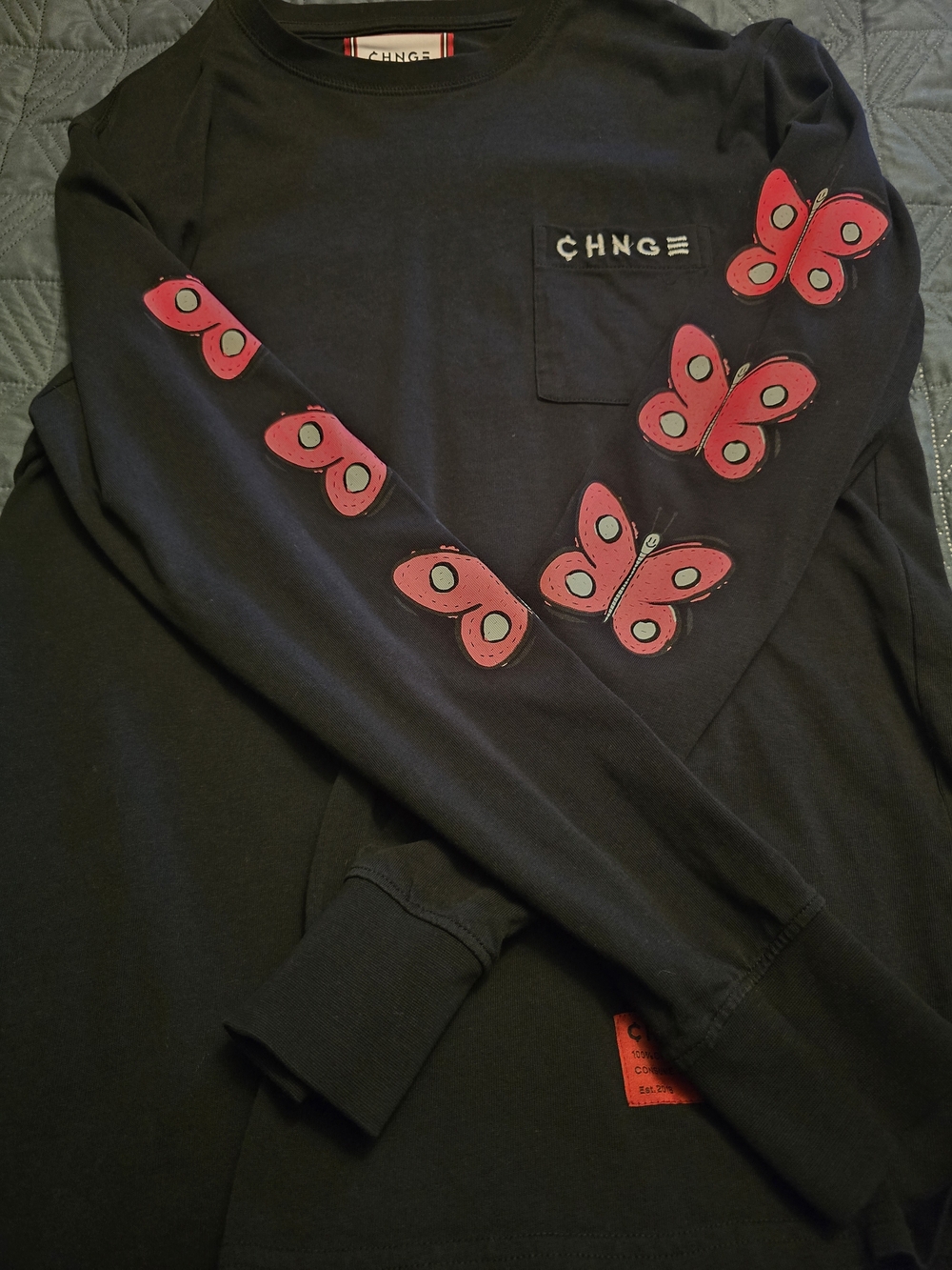 CHNGE Black Long-Sleeve Tee with Red Butterfly Sleeve Prints